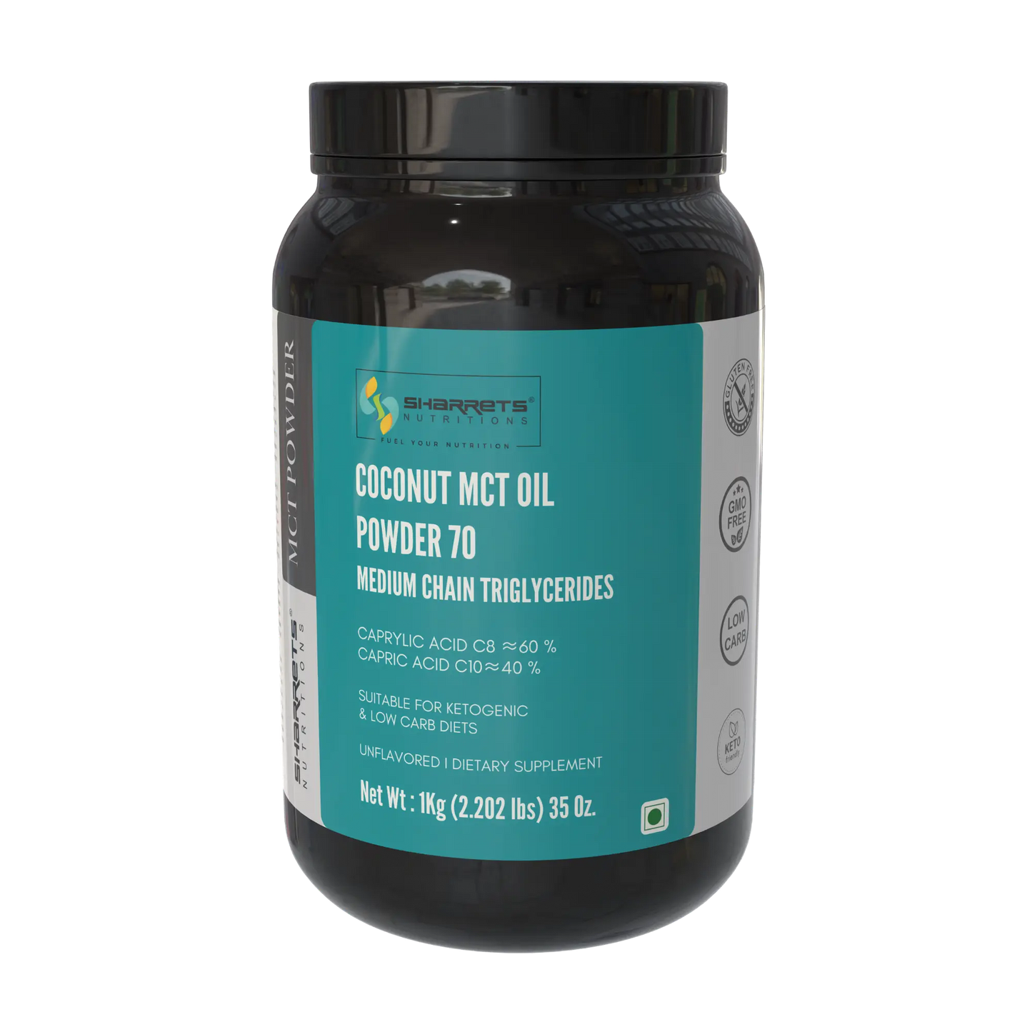 Sharrets Coconut MCT Oil Powder 70% 1kg jar – premium C8 C10 MCT powder for keto nutrition and performance