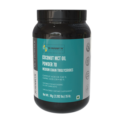 Sharrets Coconut MCT Oil Powder 70% 1kg jar – premium C8 C10 MCT powder for keto nutrition and performance