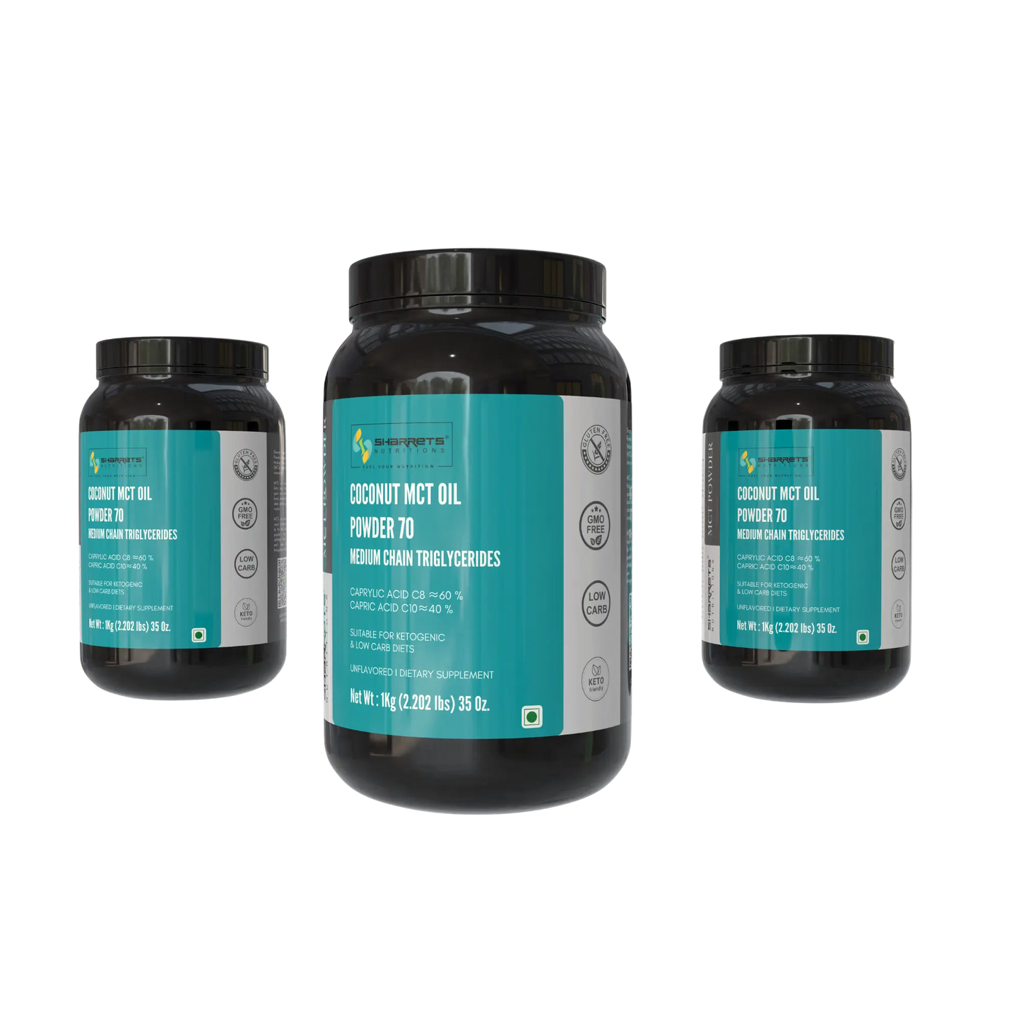 Sharrets Coconut MCT Oil Powder 70% 1kg x 3 value pack – bulk C8 C10 MCT powder for keto diet and endurance