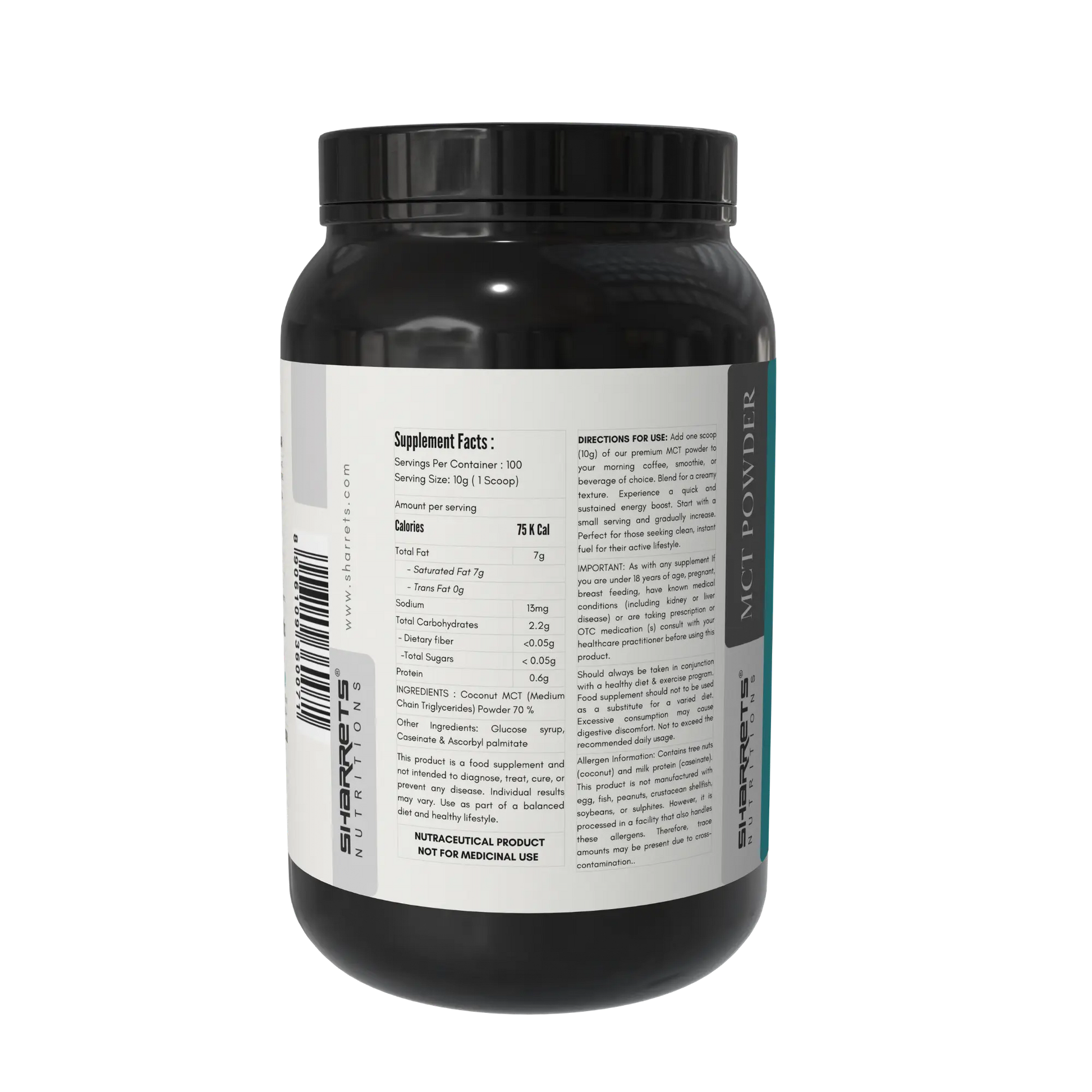 Sharrets Coconut MCT Oil Powder 70% nutritional information panel showing medium chain triglycerides profile, C8 and C10 content and ingredient details