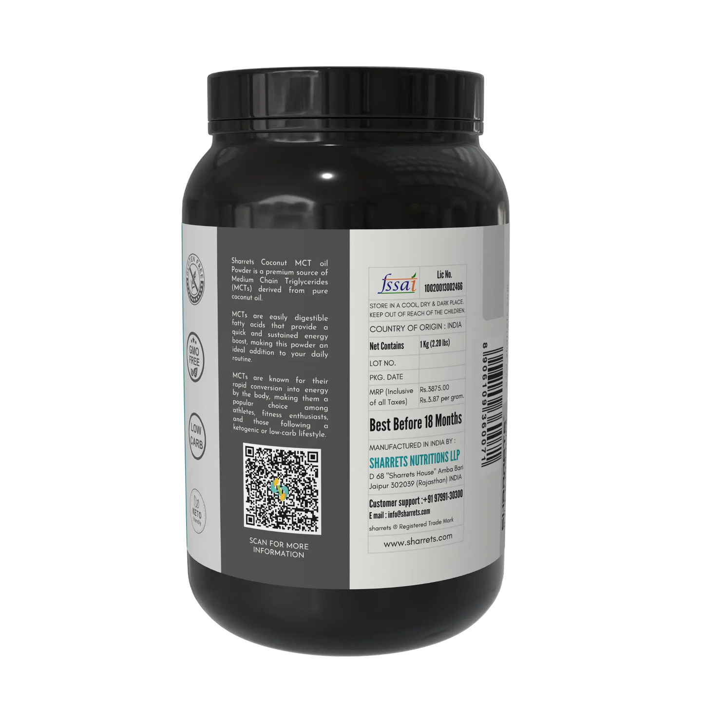 Sharrets Coconut MCT Oil Powder packaging showing FSSAI license number, manufacturing details, batch information and compliance labeling