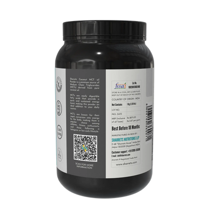 Sharrets Coconut MCT Oil Powder packaging showing FSSAI license number, manufacturing details, batch information and compliance labeling