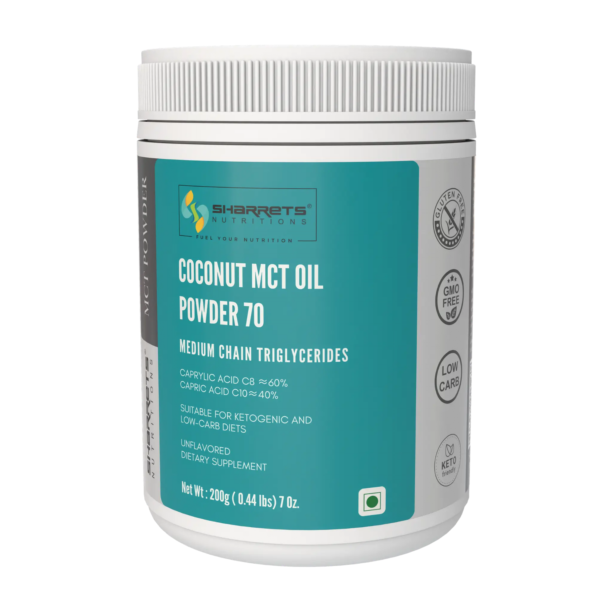 Sharrets Nutritions Coconut MCT Oil Powder 70% (C8 & C10) 200g – keto-friendly medium chain triglycerides powder for energy and weight management