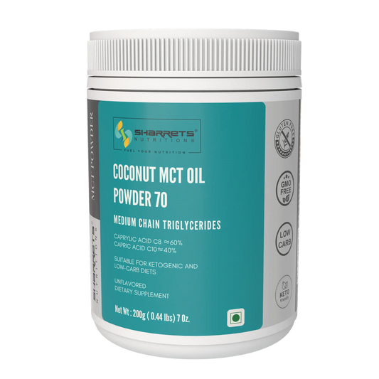 Sharrets Nutritions Coconut MCT Oil Powder 70% (C8 & C10) 200g – keto-friendly medium chain triglycerides powder for energy and weight management