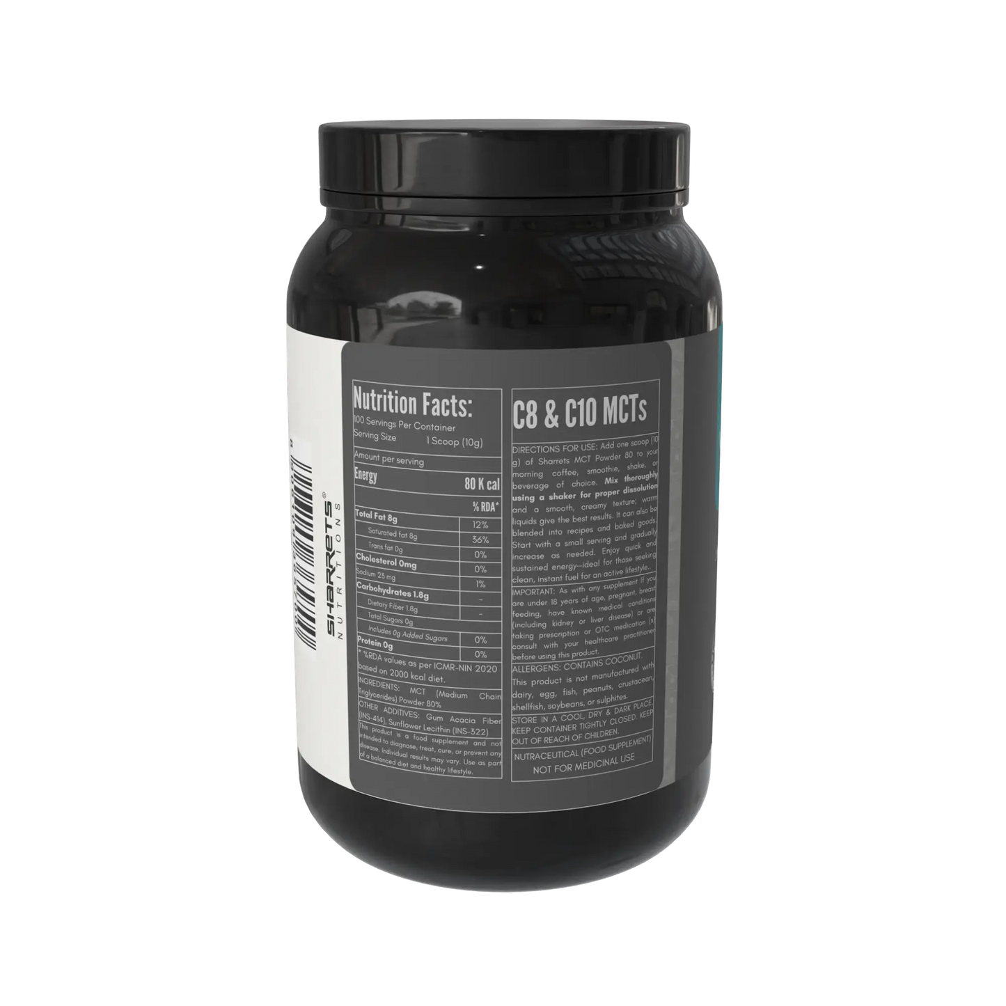 Black mct powder supplement container with nutrition facts label on a white background - sharrets