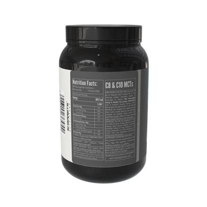 Black mct powder supplement container with nutrition facts label on a white background - sharrets