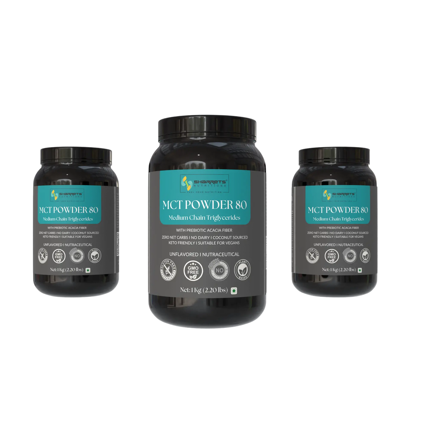 Three containers 1kg each of Sharrets Nutritions MCT Powder 80 – Premium Coconut MCT for Keto, Coffee & Clean Energy