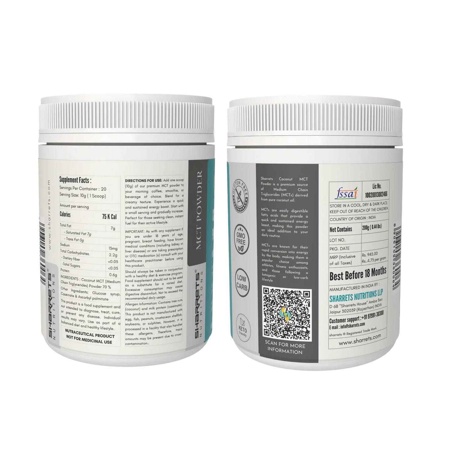Sharrets Coconut MCT Oil Powder packaging showing FSSAI license number, manufacturing details, batch information and compliance labeling