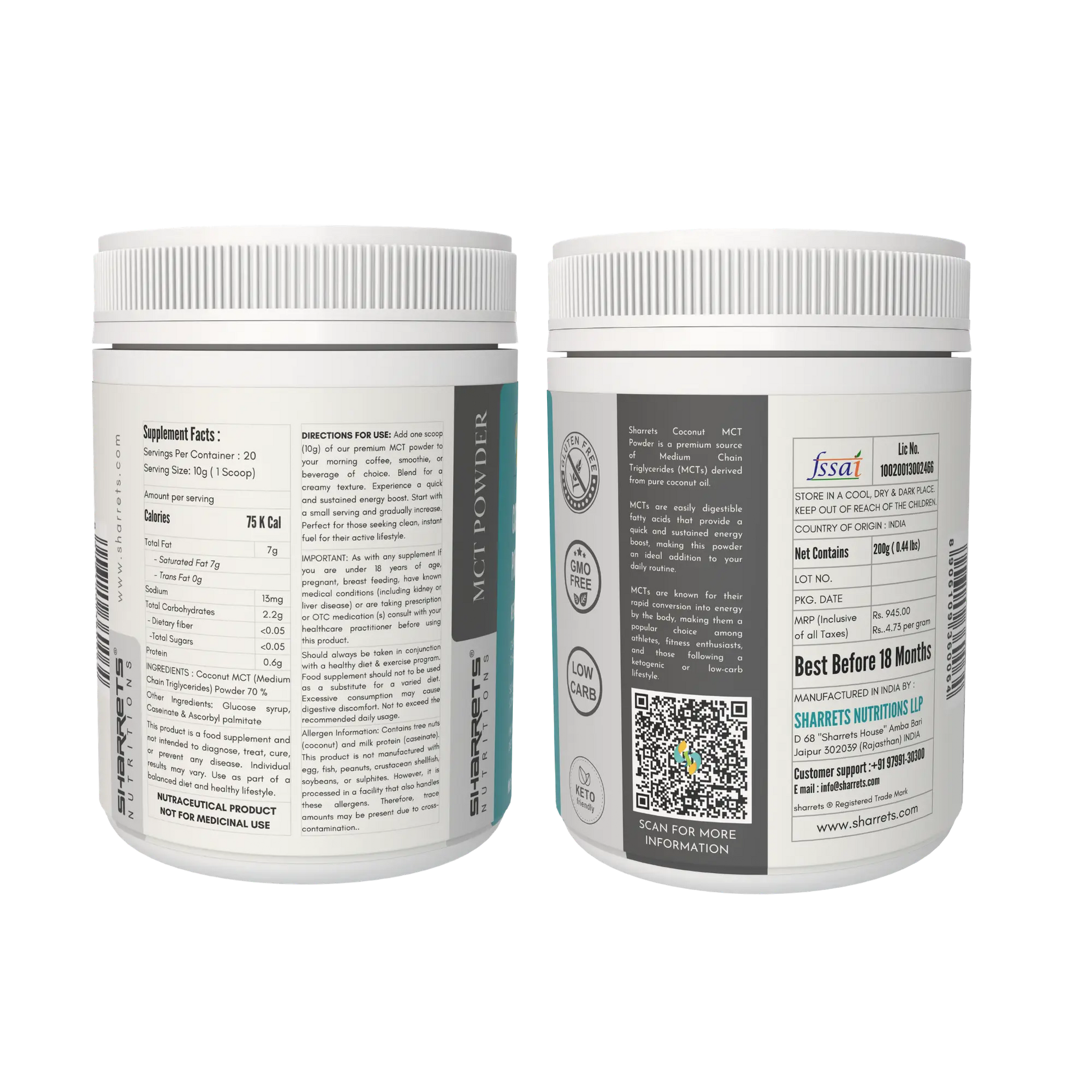 Sharrets Coconut MCT Oil Powder packaging showing FSSAI license number, manufacturing details, batch information and compliance labeling