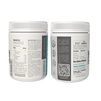 Sharrets Coconut MCT Oil Powder packaging showing FSSAI license number, manufacturing details, batch information and compliance labeling