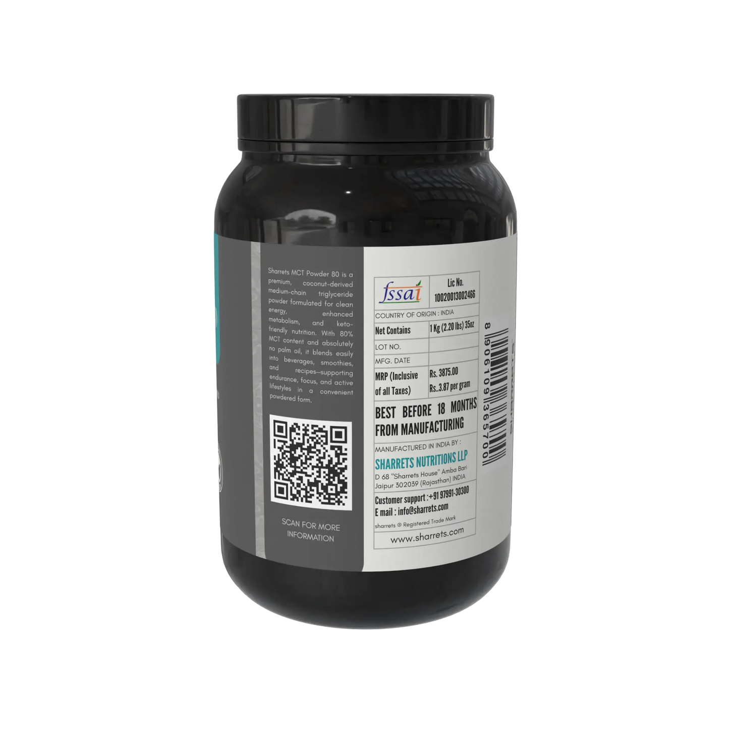Black mct powder supplement container with label and QR code on a white background - sharrets