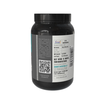 Black mct powder supplement container with label and QR code on a white background - sharrets