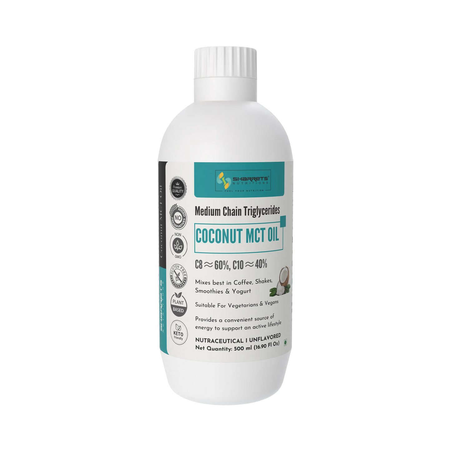 Bottle of sharrets coconut MCT oil 500ml on a white background
