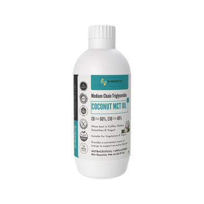 Bottle of sharrets coconut MCT 32 fl oz oil with a white label on a white background