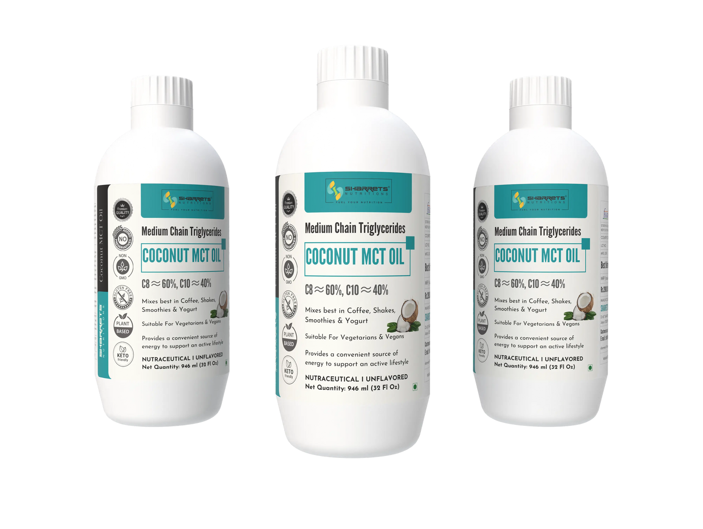 Three bottles of Coconut MCT Oil 946ml each on a white background