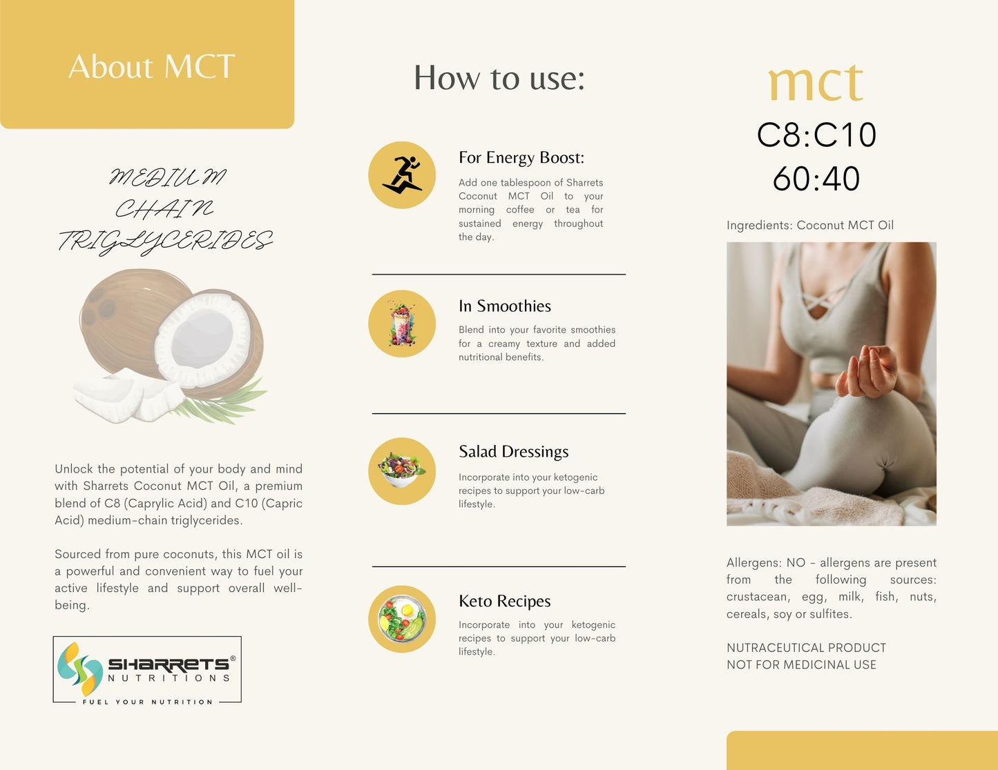 Brochure or flyer about MCT oil, including usage tips and product details.- sharrets