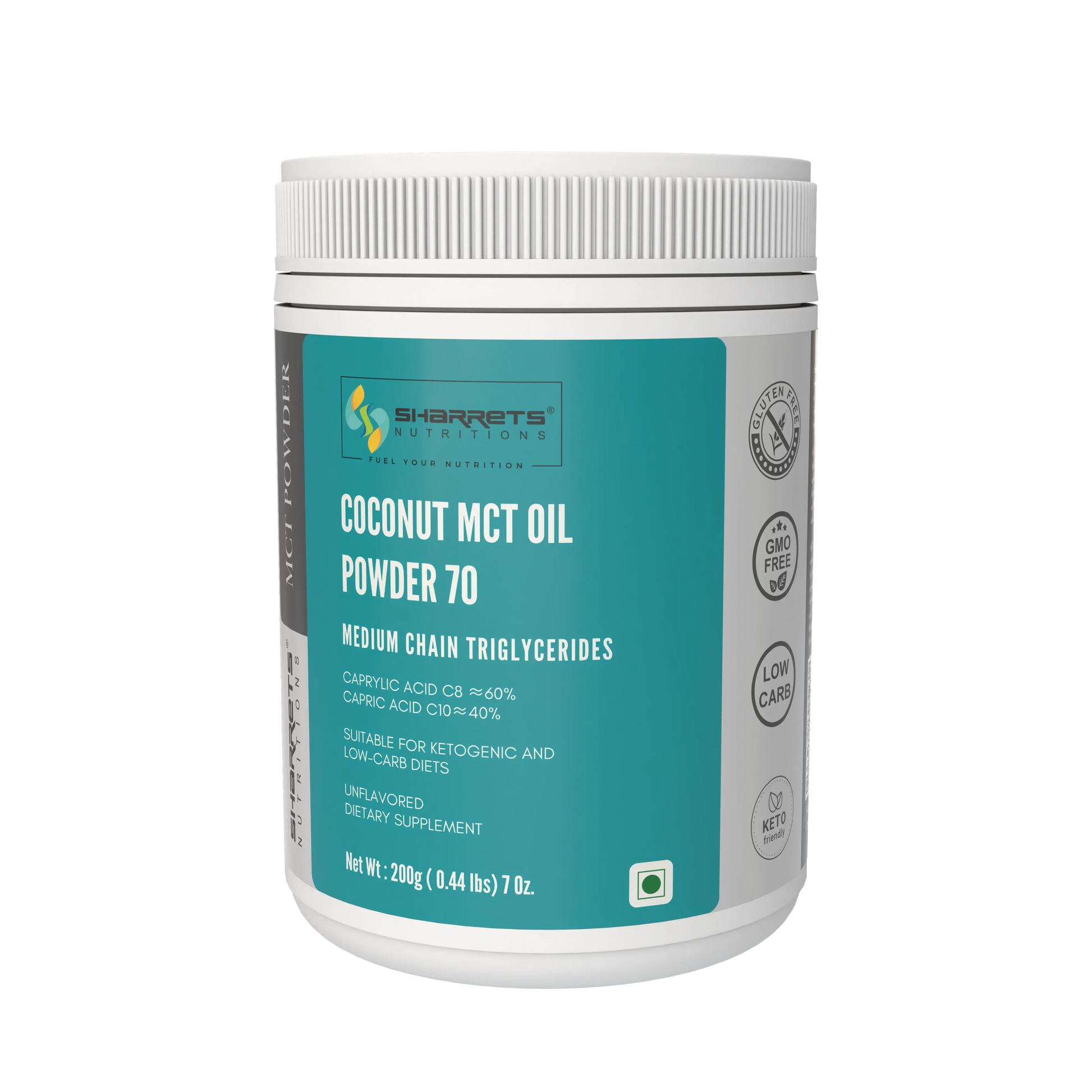 Jar of coconut MCT oil powder with Sharrets Nutritions branding on a white background