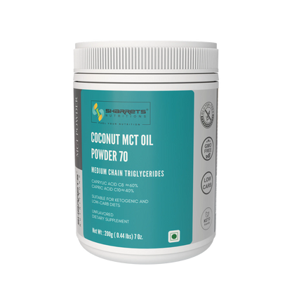 Jar of coconut MCT oil powder with Sharrets Nutritions branding on a white background