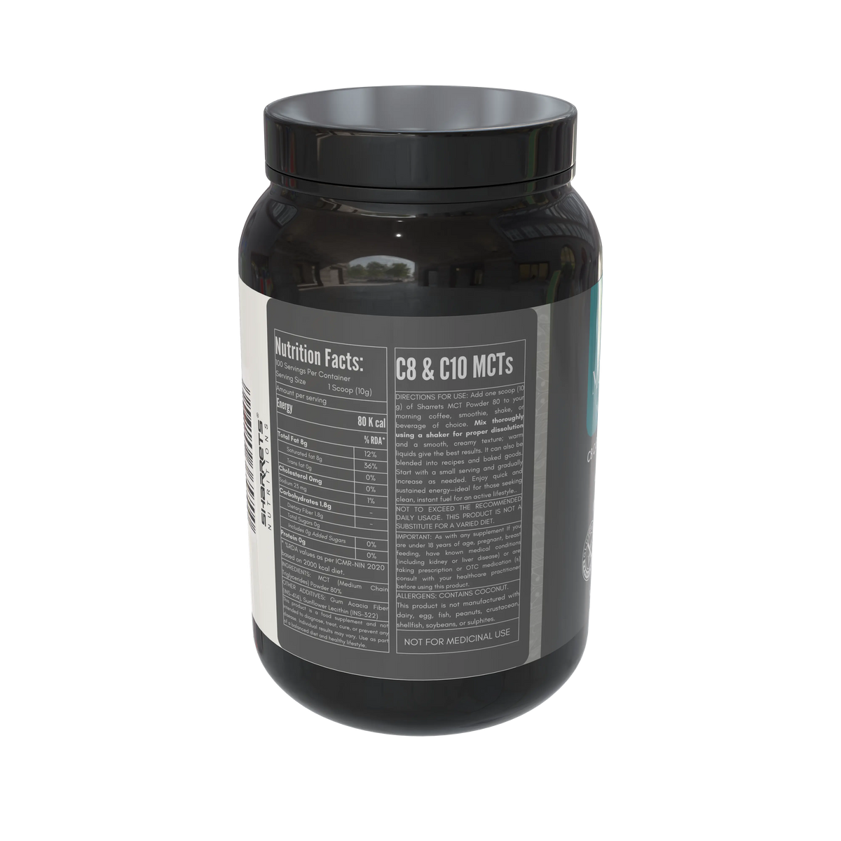 Sharrets MCT Powder 80 1kg back label nutrition facts directions ingredients and product information