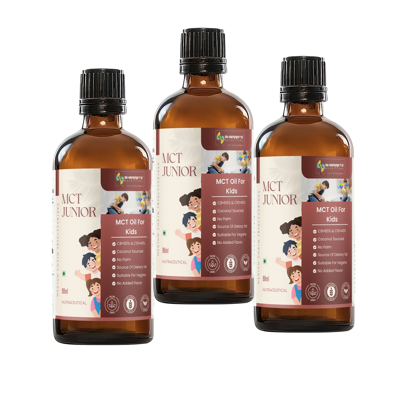 Three bottles of sharrets MCT Junior oil for kids on a white background