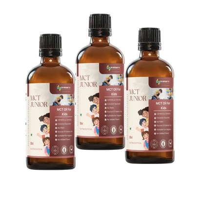 Three bottles of sharrets MCT Junior oil for kids on a white background