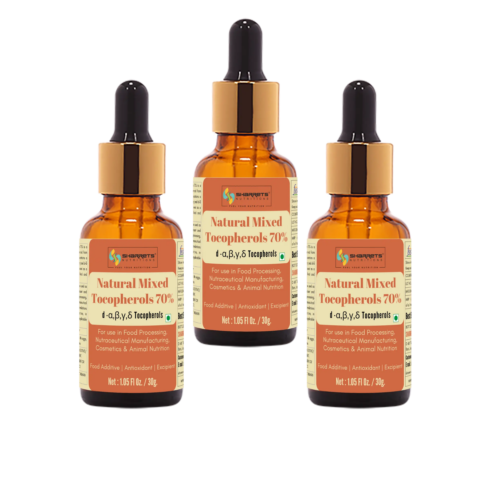 Natural Mixed Tocopherols Oil 70% INS 307 30g x3 bottle pack by Sharrets Nutritions natural food antioxidant vitamin E oil