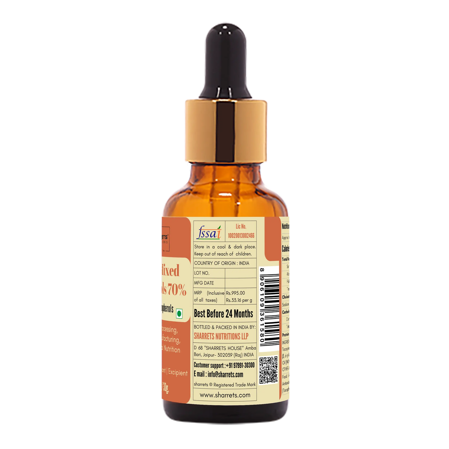 Manufacturer address and FSSAI license details of Sharrets Natural Mixed Tocopherols Oil 70 percent INS 307
