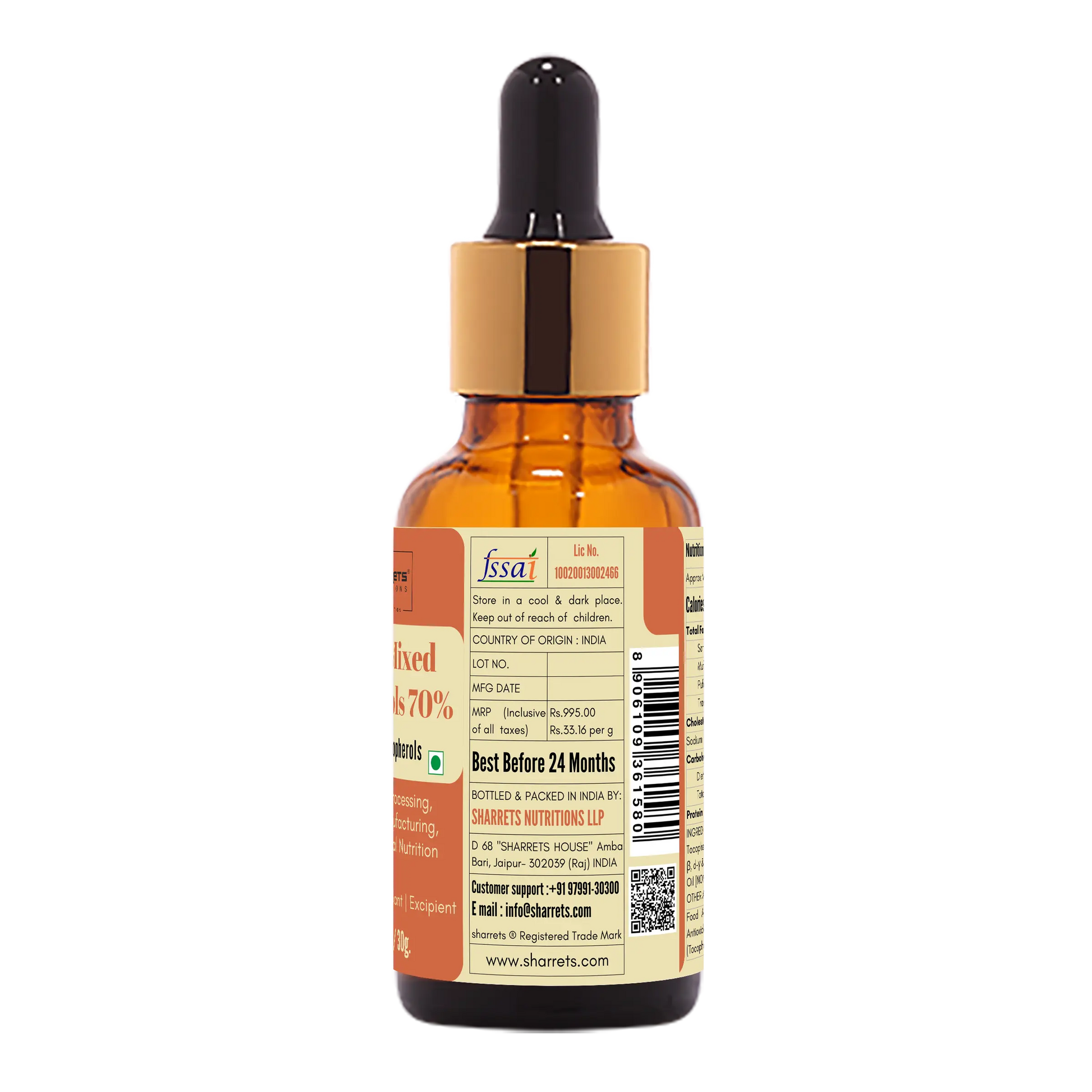 Manufacturer address and FSSAI license details of Sharrets Natural Mixed Tocopherols Oil 70 percent INS 307