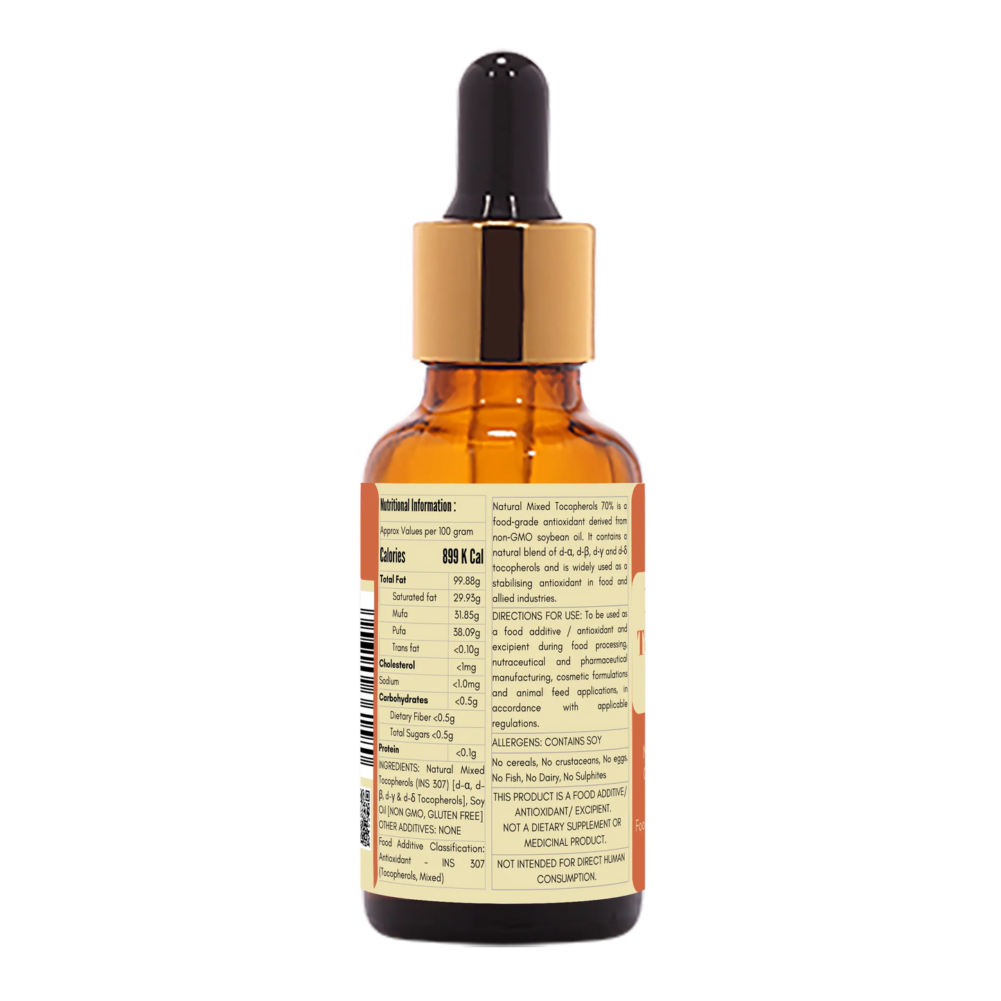 Ingredients panel of Natural Mixed Tocopherols Oil 70 percent INS 307 natural vitamin E antioxidant