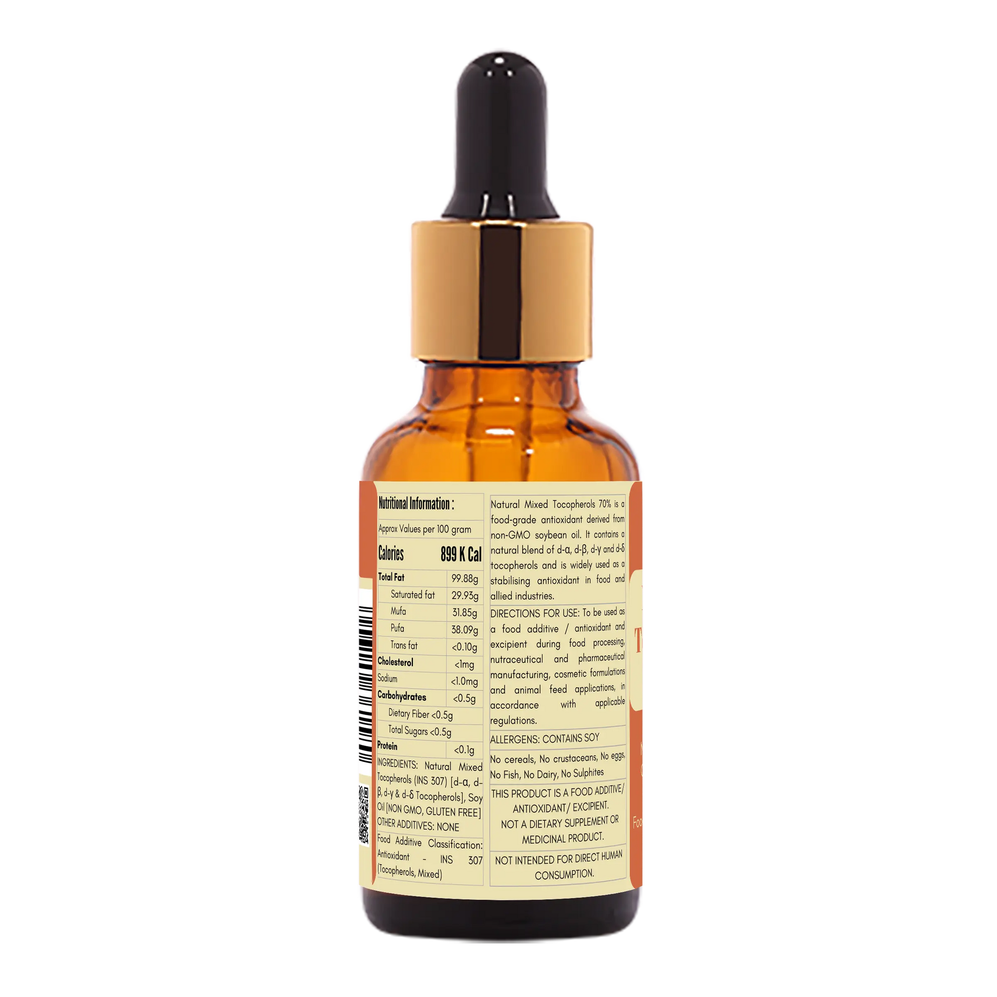 Ingredients panel of Natural Mixed Tocopherols Oil 70 percent INS 307 natural vitamin E antioxidant