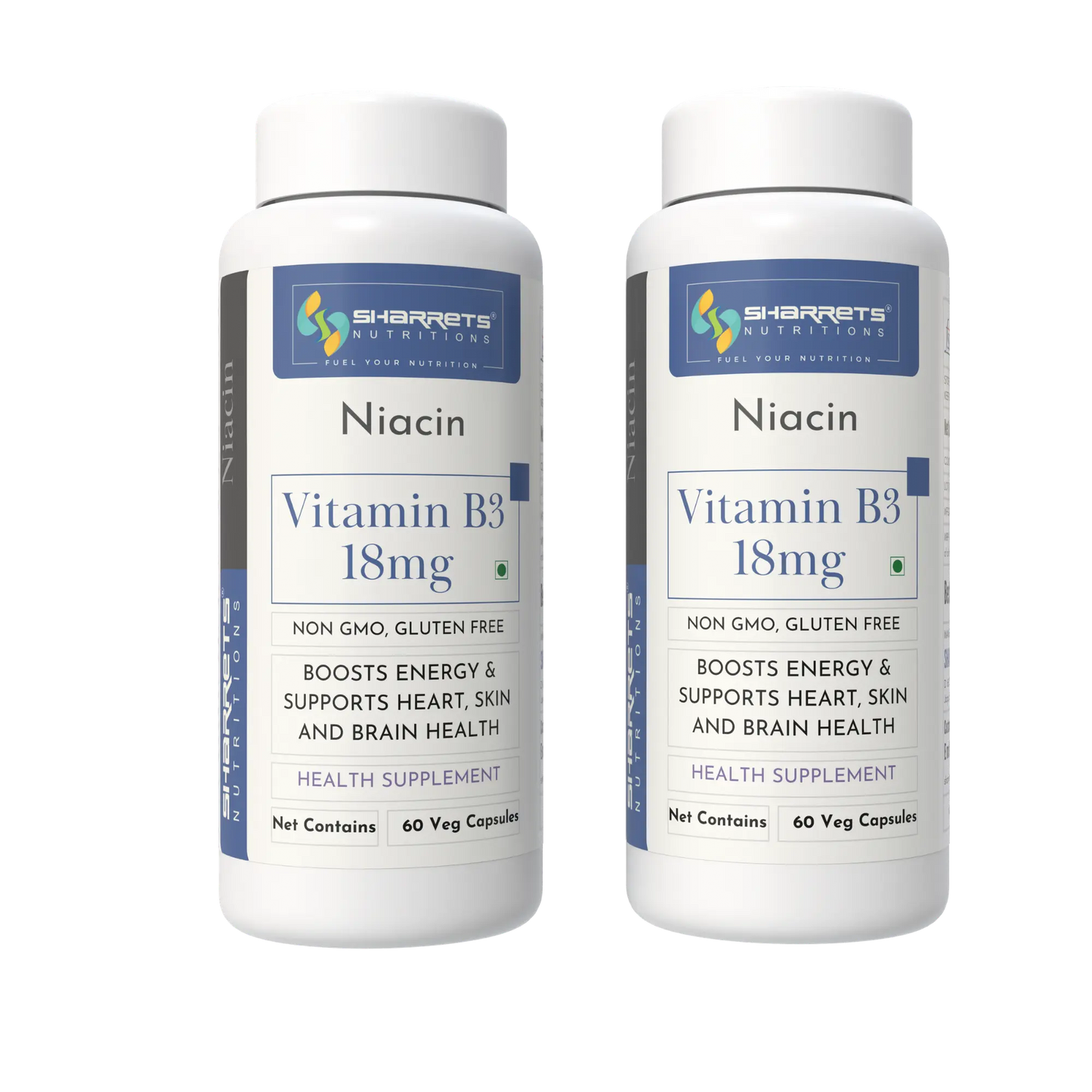 Two bottles of Sharrets Niacin Vitamin B3 18mg supplements on a white background