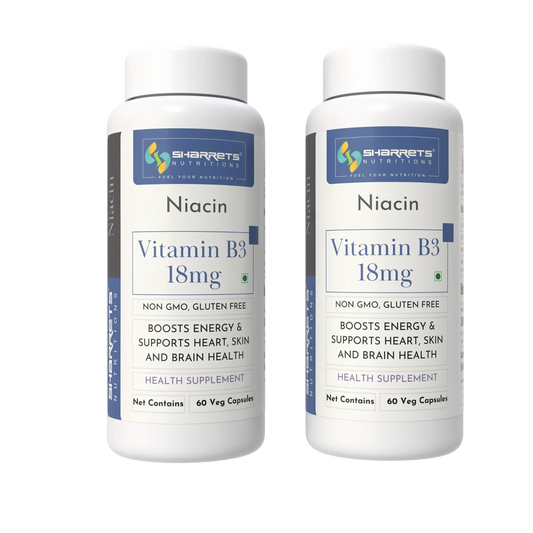 Two bottles of Sharrets Niacin Vitamin B3 18mg supplements on a white background