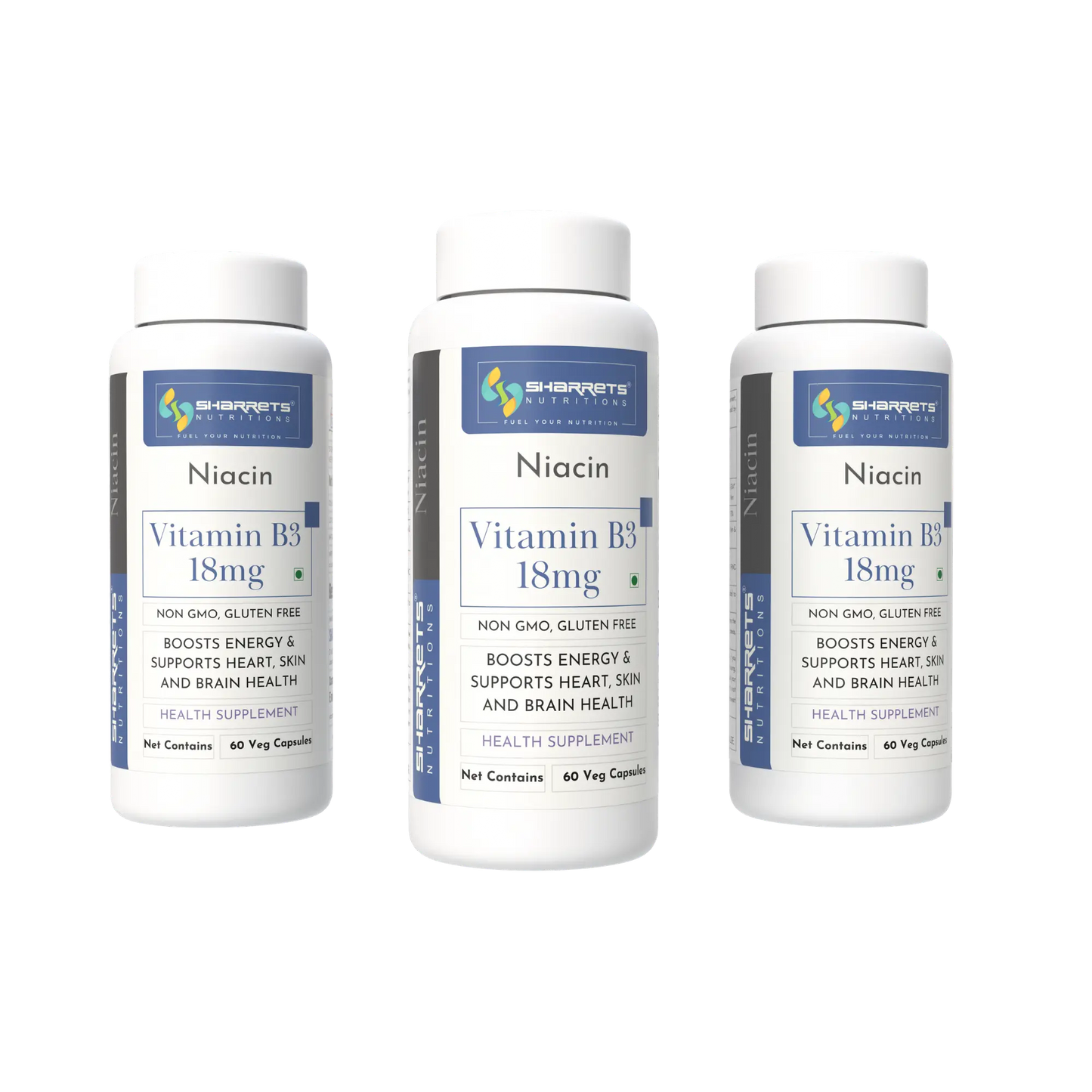 Three bottles of Sharrets Niacin Vitamin B3 18mg on a white background