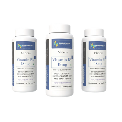 Three bottles of Sharrets Niacin Vitamin B3 18mg on a white background
