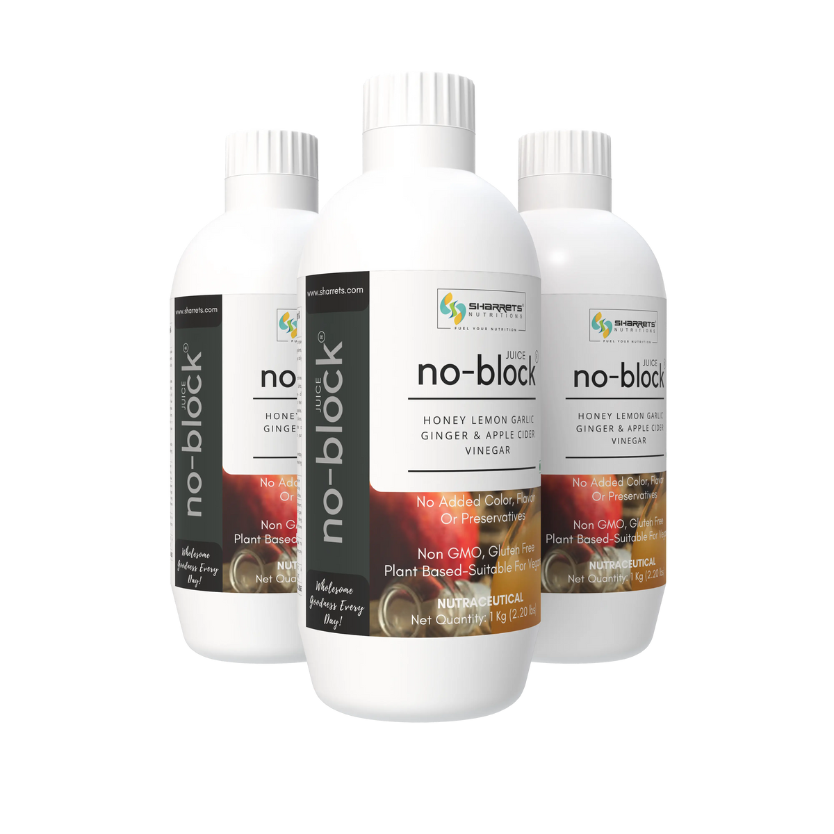 Sharrets No Block Juice 1kg three-bottle pack with honey, lemon, garlic, ginger and apple cider vinegar