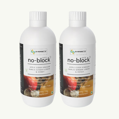 Two bottles of 'no-block' juice on a white background