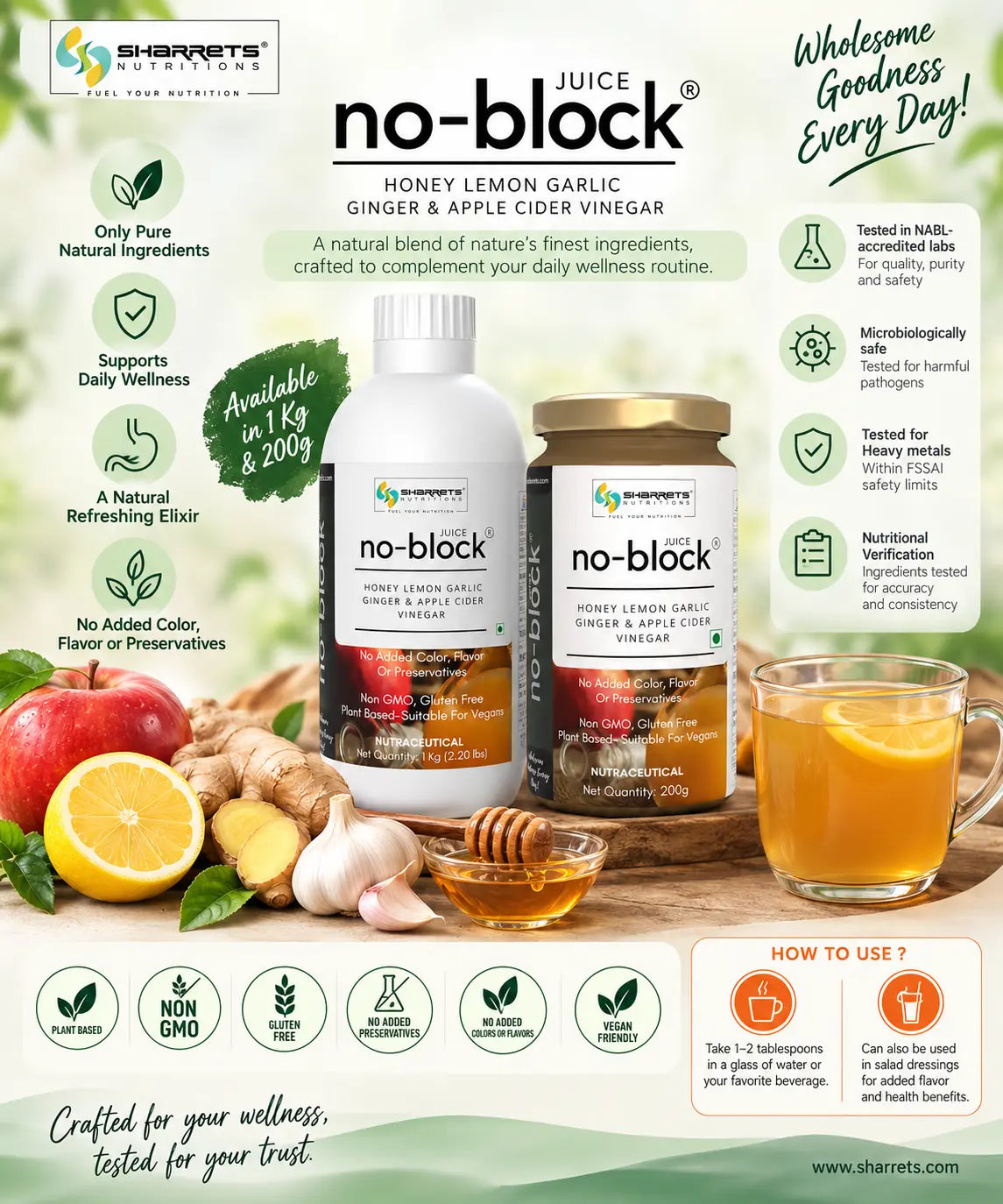 Sharrets No Block Juice available in 200g and 1kg sizes, featuring honey, lemon, garlic, ginger and apple cider vinegar with product benefits and usage information
