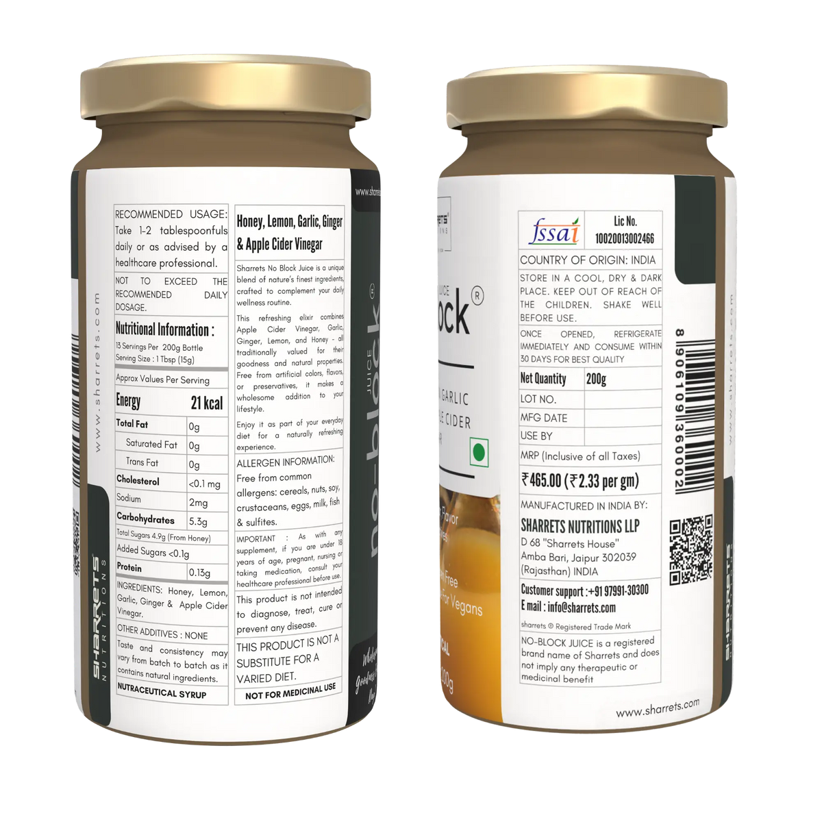 Sharrets No Block Juice bottle showing side and front label with honey, lemon, garlic, ginger and apple cider vinegar