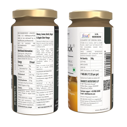Sharrets No Block Juice bottle showing side and front label with honey, lemon, garlic, ginger and apple cider vinegar