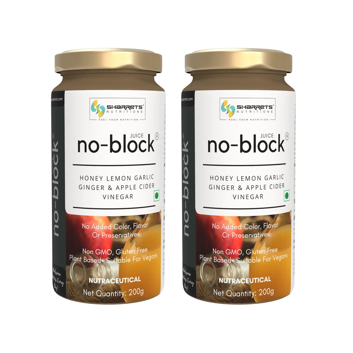 Sharrets No Block Juice 200g two-bottle pack with honey, lemon, garlic, ginger and apple cider vinegar