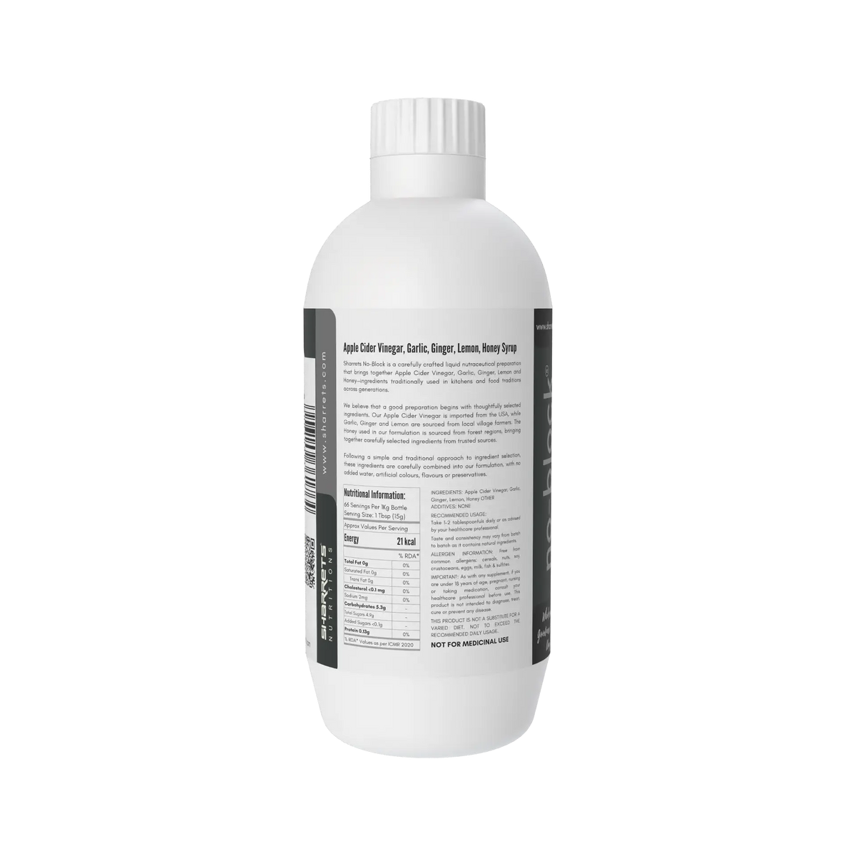 Sharrets No-Block 1 kg bottle showing ingredients, nutritional information and usage details on the back label