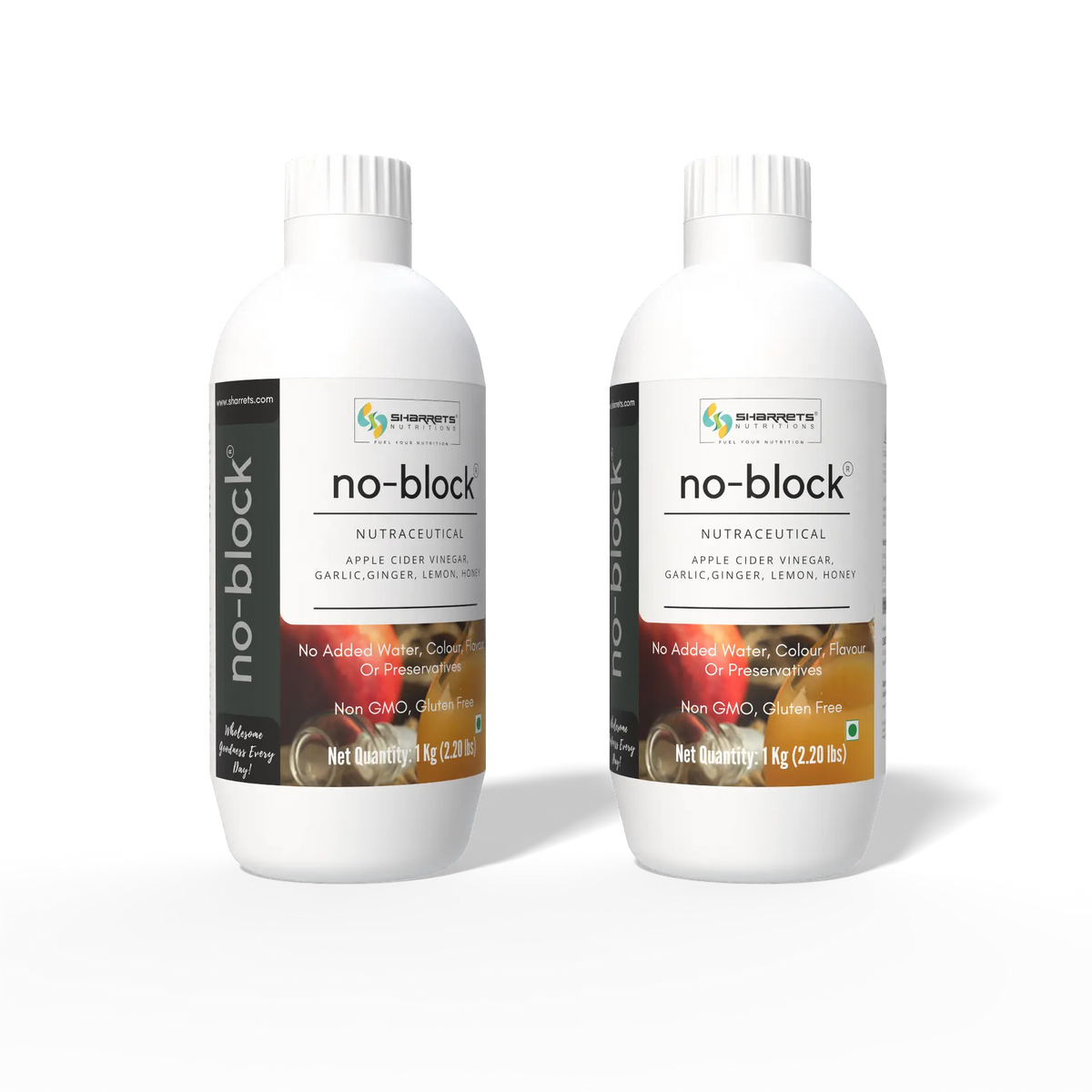 Two 1 kg bottles of Sharrets No-Block nutraceutical liquid with apple cider vinegar, garlic, ginger, lemon and honey