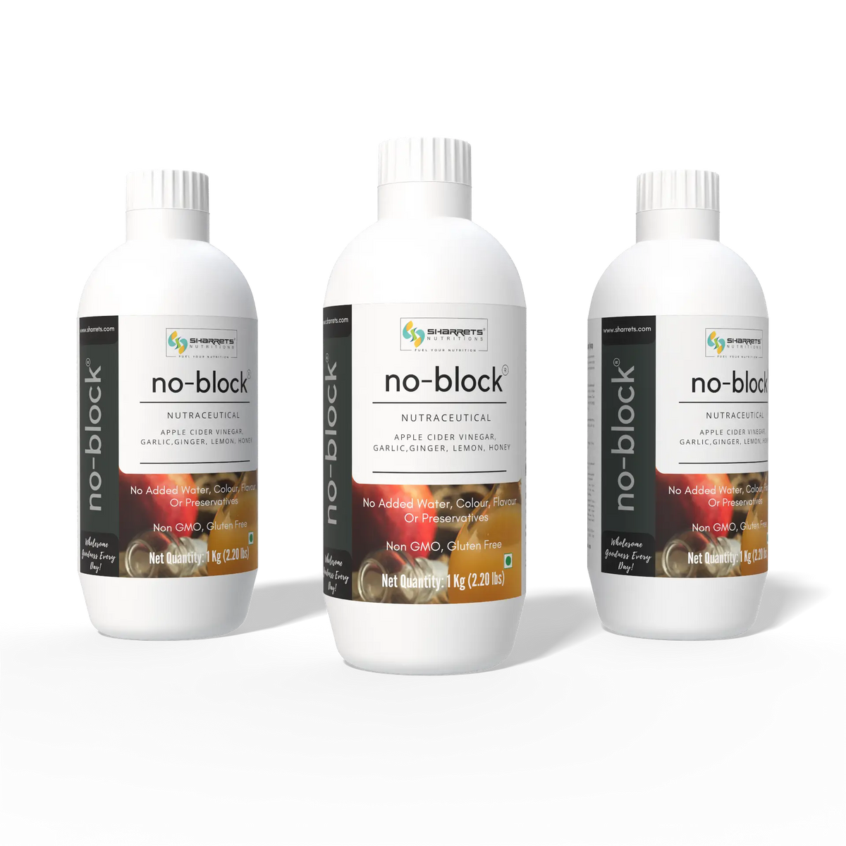 Three 1 kg bottles of Sharrets No-Block nutraceutical liquid with apple cider vinegar, garlic, ginger, lemon and honey