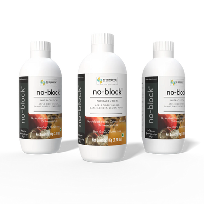 Three 1 kg bottles of Sharrets No-Block nutraceutical liquid with apple cider vinegar, garlic, ginger, lemon and honey