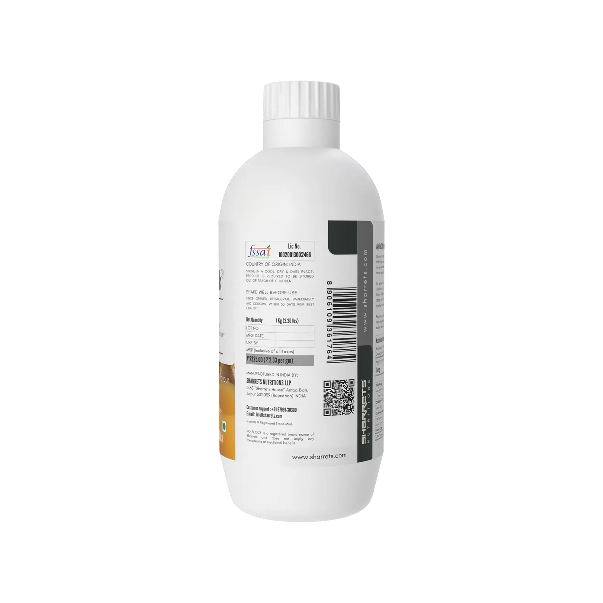 Sharrets No-Block 1 kg bottle showing FSSAI license, manufacturer details, barcode and product information