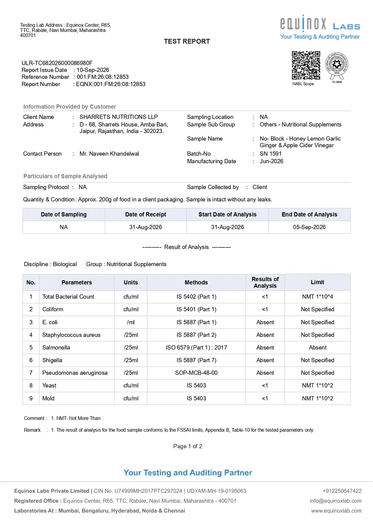 A scanned test report document from Equinox Labs showing sample information, test details, and a results table for a dietary supplement product. The document includes fields for client name, sampling location, batch number, and a detailed analysis results table with parameters like pH, turbidity, and color.