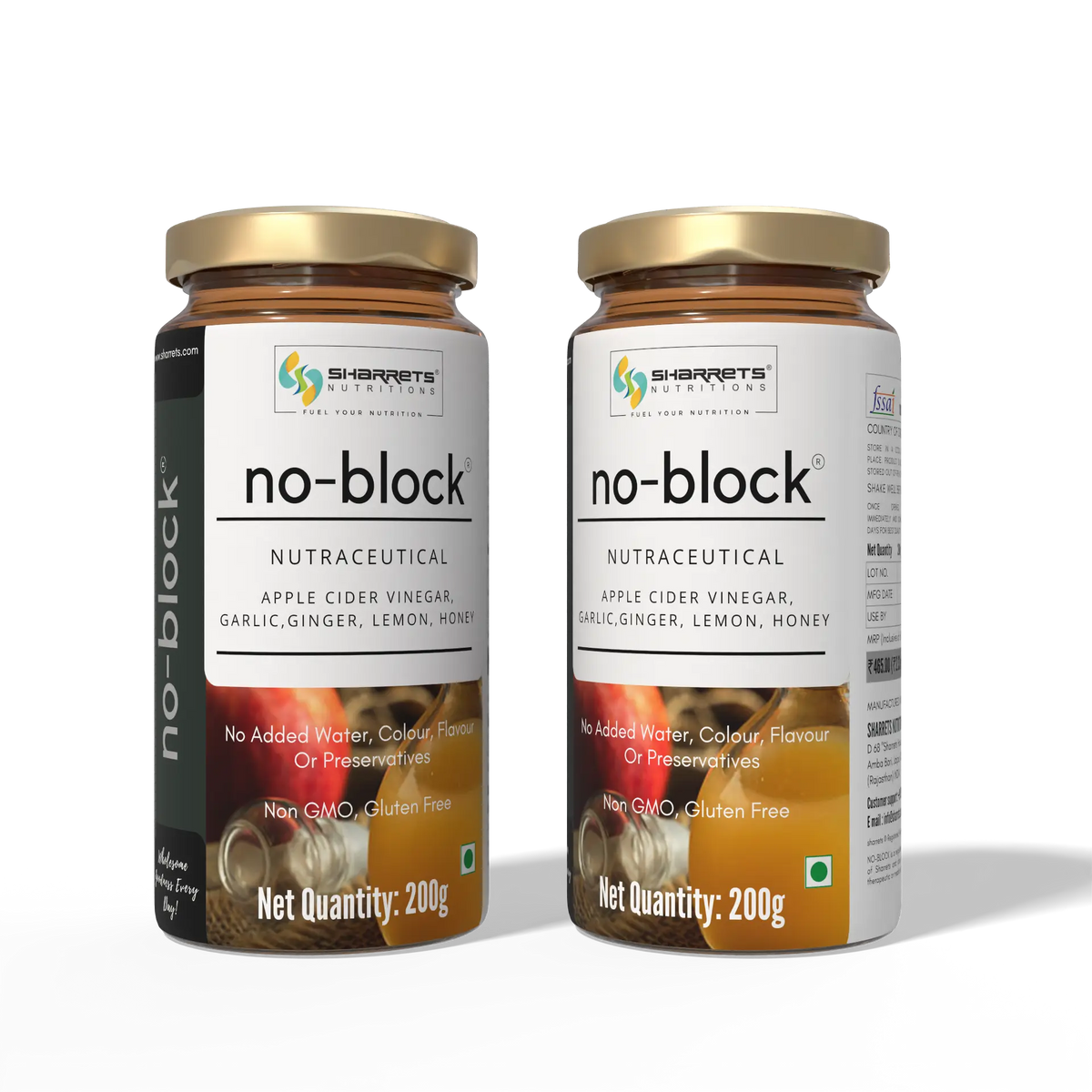 Two 200g bottles of Sharrets No-Block nutraceutical liquid with apple cider vinegar, garlic, ginger, lemon and honey