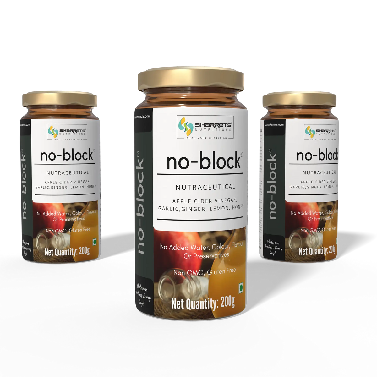 Three 200g bottles of Sharrets No-Block nutraceutical liquid with apple cider vinegar, garlic, ginger, lemon and honey