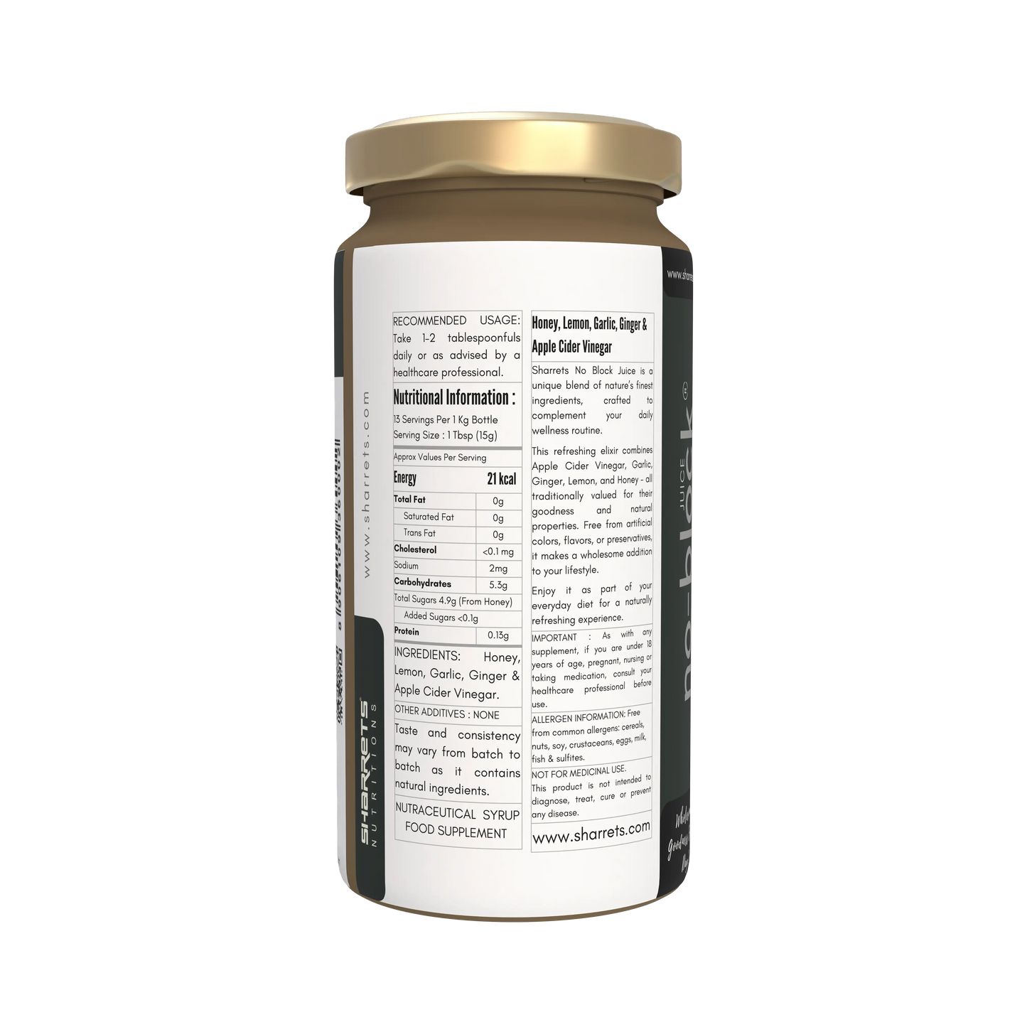 Sharrets Apple Cider Vinegar Garlic Ginger Lemon Honey Drink - No Block Juice 200g glass bottle