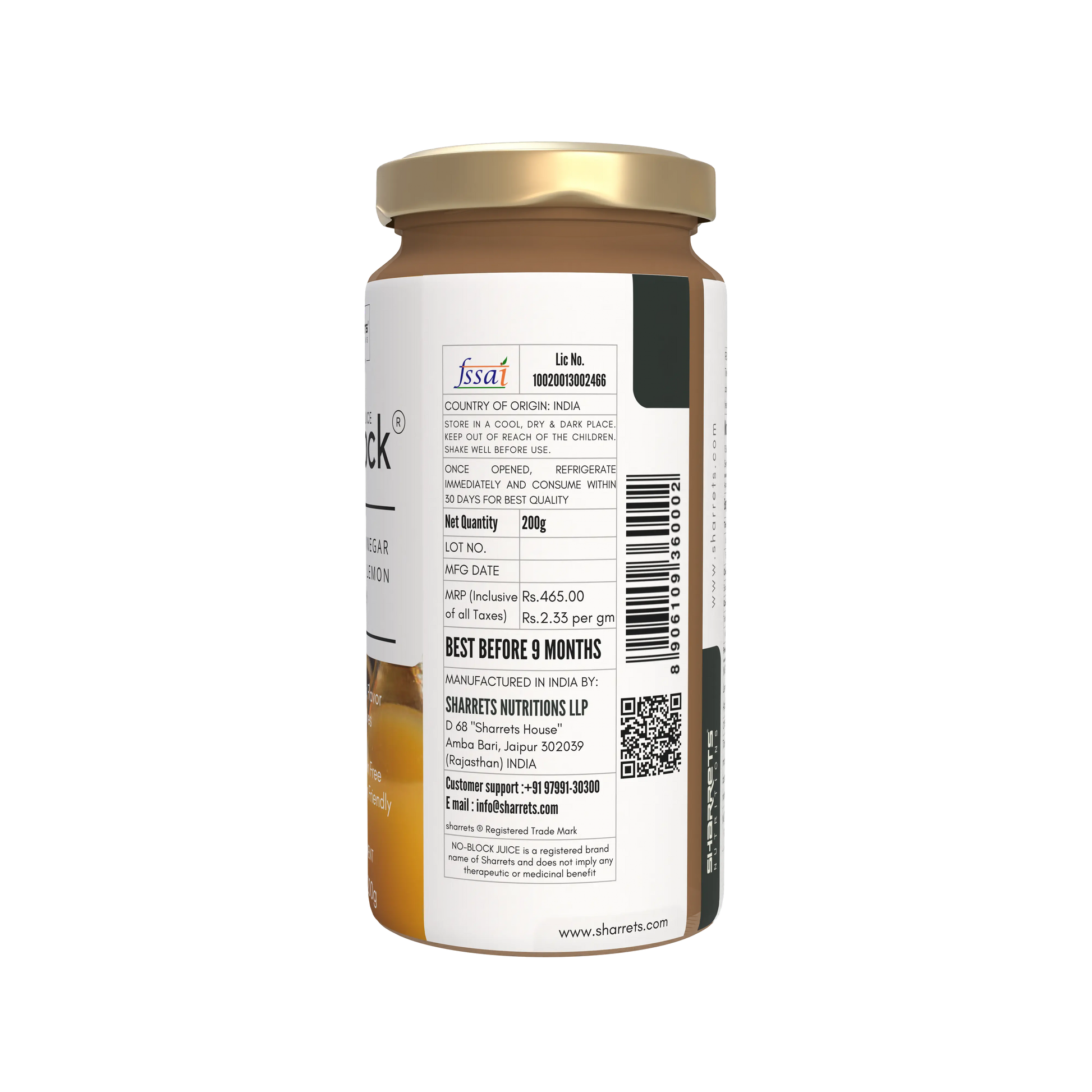 Sharrets Apple Cider Vinegar Garlic Ginger Lemon Honey Drink - No Block Juice 200g glass bottle